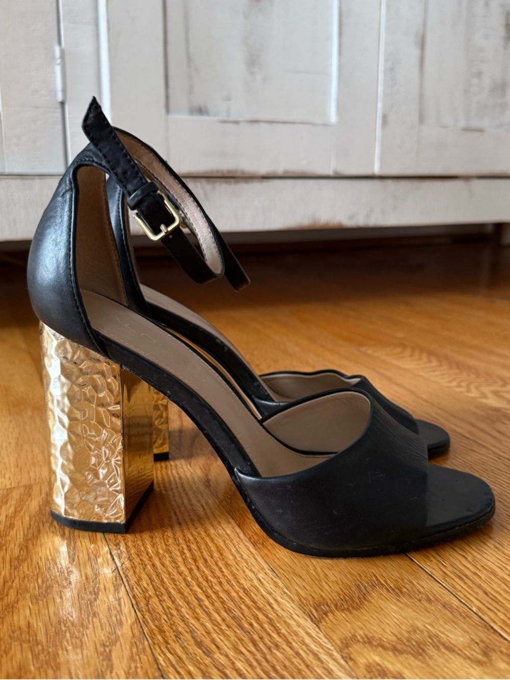 Aldo Nilia Black leather open toe heels